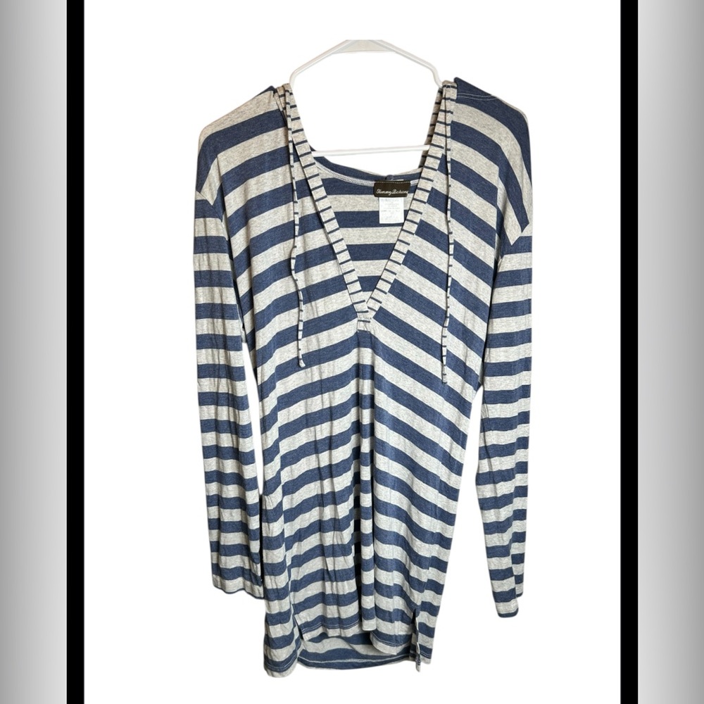 Tommy Bahama Mare Stripe Plunge V-Neck Hoodie Tunic Navy White Size M